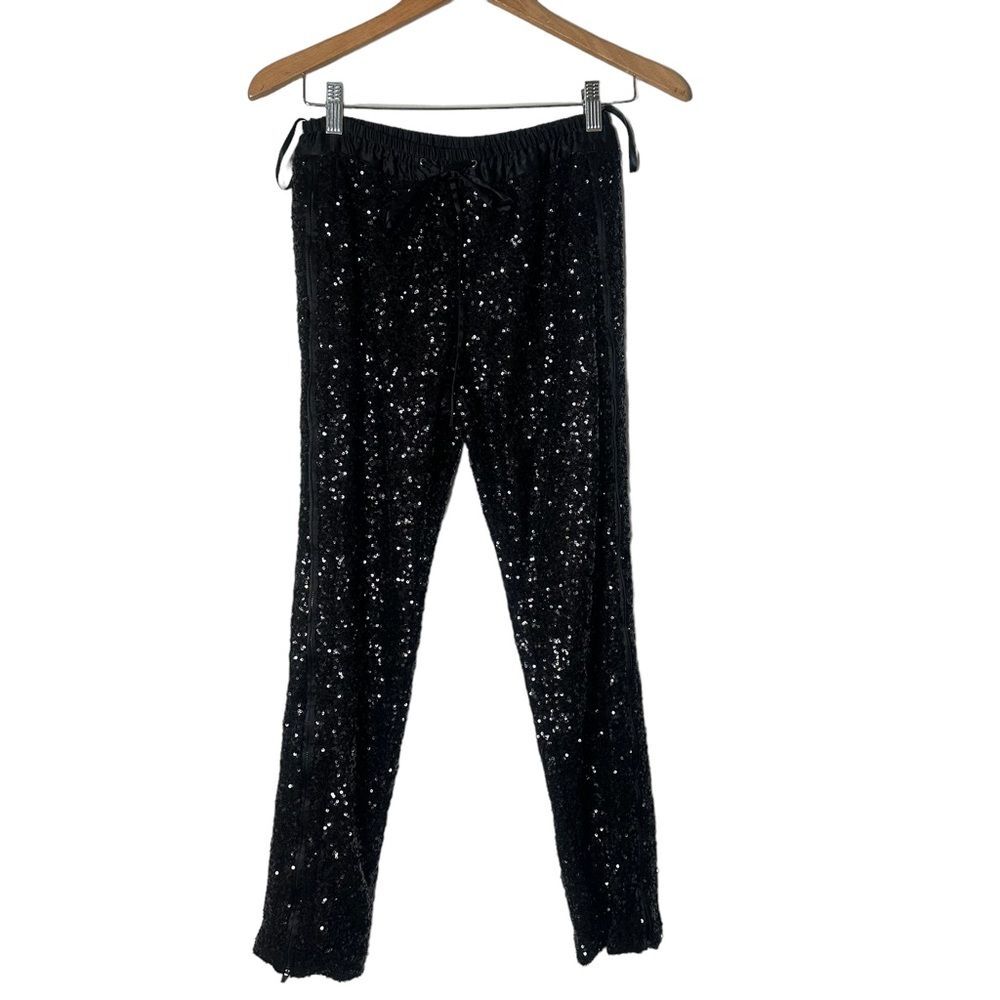 BEBE All‎ Over Sequin Black Pants Satin Trim Pull On Sparkle Women Size XS